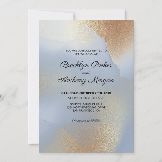 Invitation Texture or sur Mariage bleu (Devant)