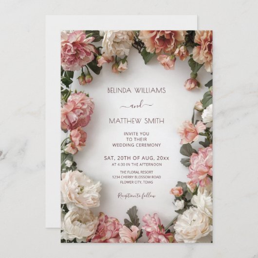 Invitation Textured Floral Wreath  Wedding (Devant / Derrière)