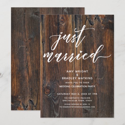 Invitation Textured Wood Handwriting Just Married Typography (Devant / Derrière)