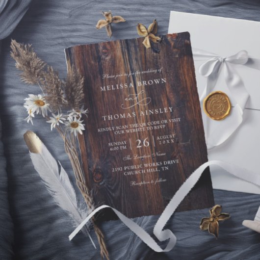 Invitation Textured Wood Rustic Country QR Code Wedding