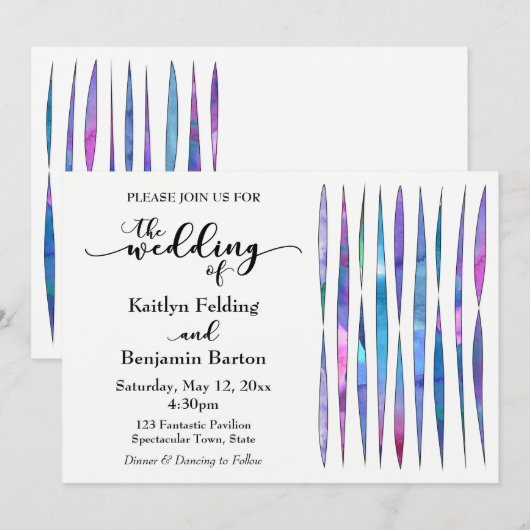 Invitation Textures Aquarelle Blanc Violet Rose Bleu Mariage (Devant / Derrière)