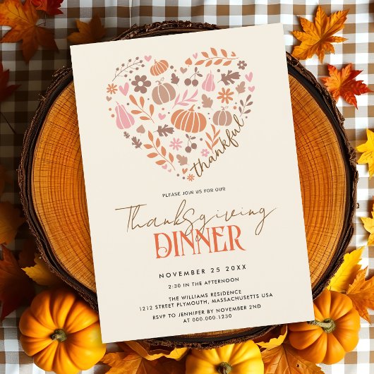 Invitation Thankful heart with pumpkins Thanksgiving dinner
