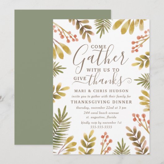 Invitation Thanksgiving Autumn Green Watercolor Wreath (Devant / Derrière)