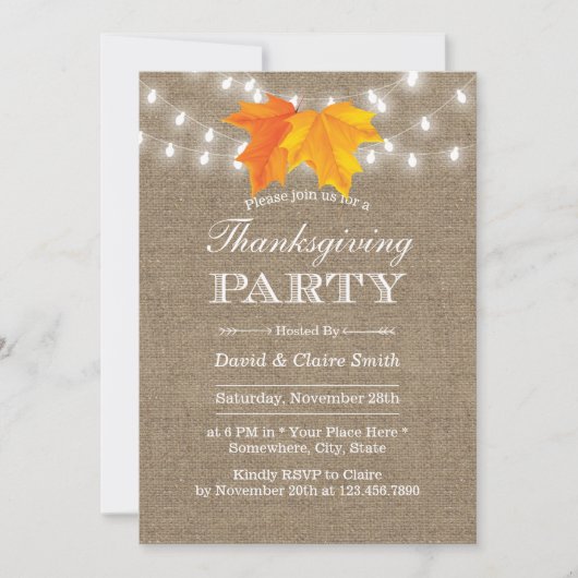 Invitation Thanksgiving Autumn Leaves String Lights Burlap (Devant)