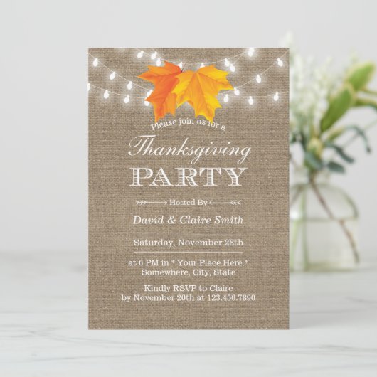 Invitation Thanksgiving Autumn Leaves String Lights Burlap (Debout devant)