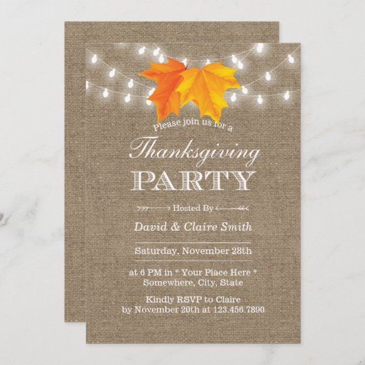 Invitation Thanksgiving Autumn Leaves String Lights Burlap (Devant / Derrière)
