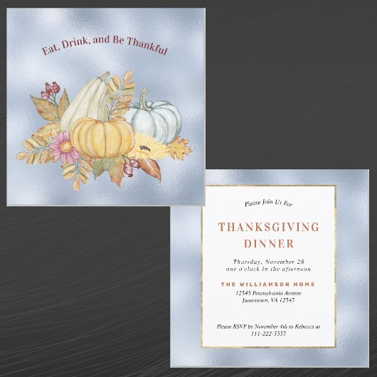 Invitation Thanksgiving Blue Citrouille Gourds Floral