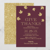 Invitation Thanksgiving Bourgogne rouge et Feuilles d'or (Devant / Derrière)