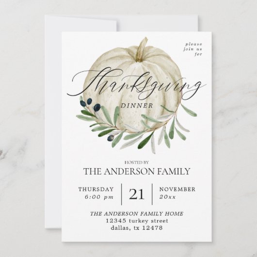 Invitation Thanksgiving Citrouille blanc (Devant)