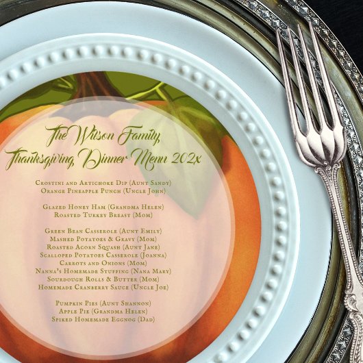 Invitation Thanksgiving Citrouille Dîner familial Menu Ronde