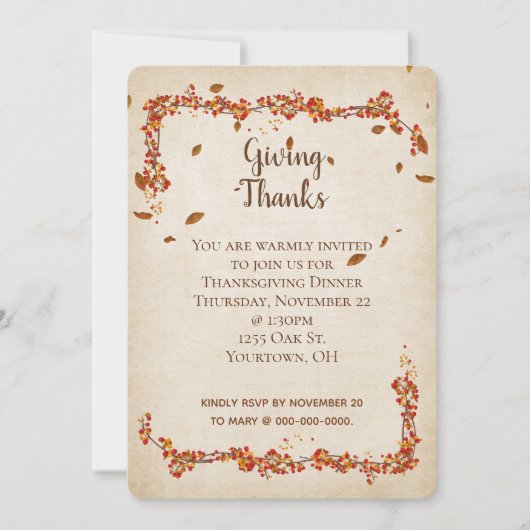 Invitation Thanksgiving Dîner automne cadre feuillage (Devant)
