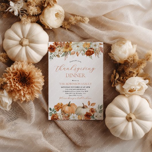 Invitation Thanksgiving Dinner Pumpkin Fall Leaves 