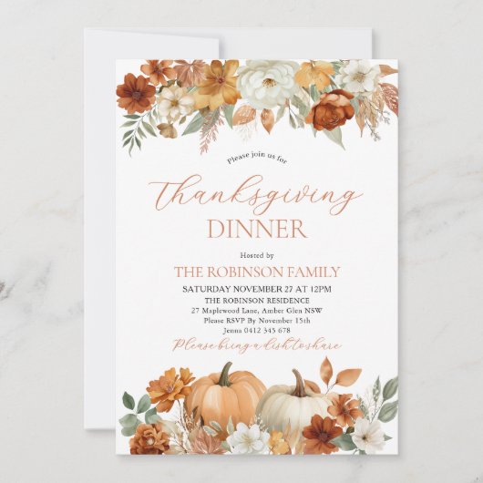 Invitation Thanksgiving Dinner Pumpkin Fall Leaves (Devant)