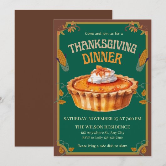 Invitation Thanksgiving Dinner Pumpkin pie Brown  (Devant / Derrière)