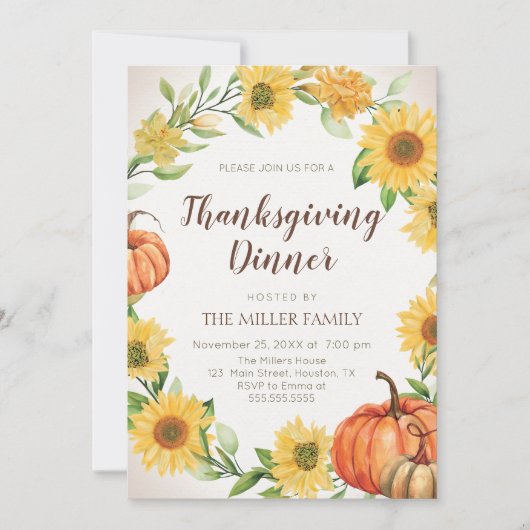 Invitation Thanksgiving Dinner Sunflowers & Pumpkins fall (Devant)