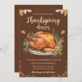 Invitation Thanksgiving Dinner Turkey Pumpkins Brown (Devant / Derrière)