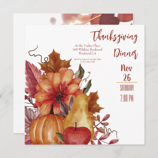 Invitation Thanksgiving Fall quitte Citrouille Dîner Invitati (Devant / Derrière)