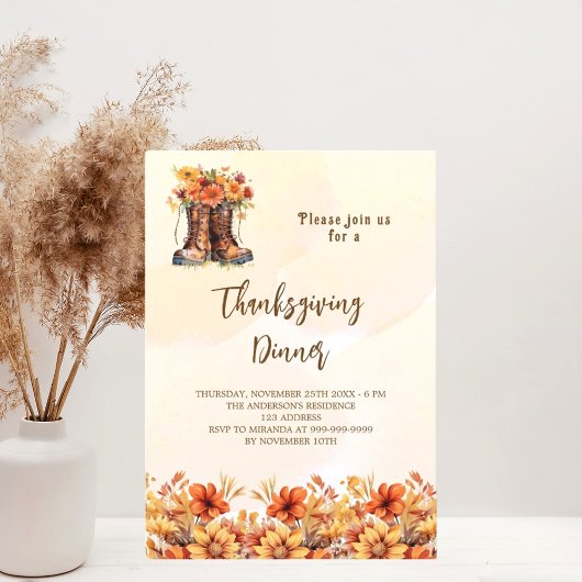 Invitation Thanksgiving fête orange chute bottes florales lux