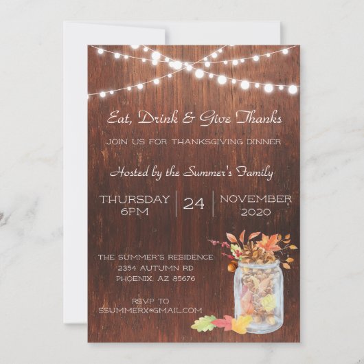 Invitation Thanksgiving Mason Jar illumine bois rustique (Devant)