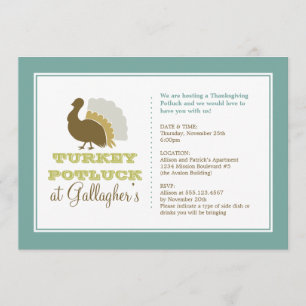 Invitation Thanksgiving potluck chic blue turkey dîner