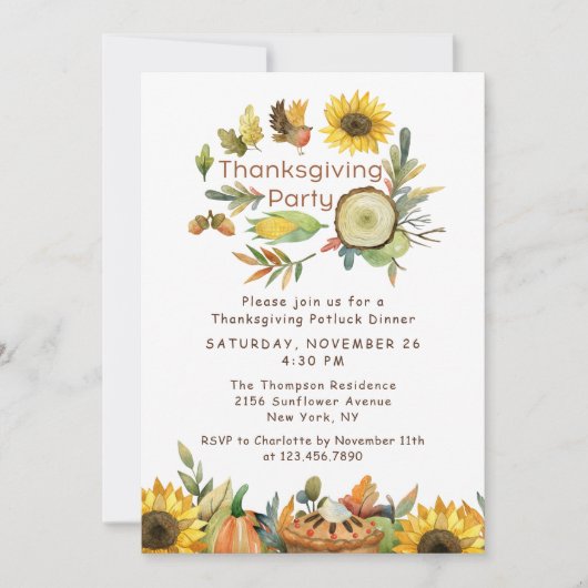 Invitation Thanksgiving Potluck Dîner Citrouille Pie Sunflowe (Devant)