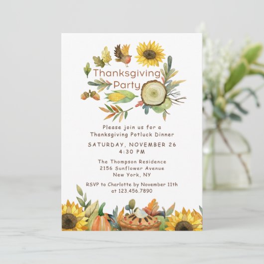 Invitation Thanksgiving Potluck Dîner Citrouille Pie Sunflowe (Debout devant)
