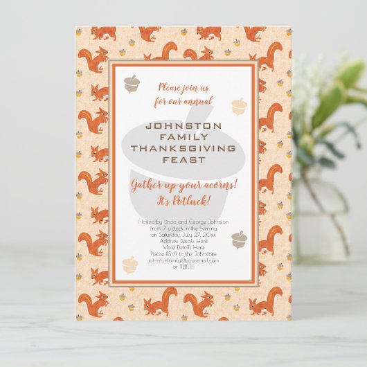 Invitation Thanksgiving Potluck Diner Écureuils et Acorns (Debout devant)
