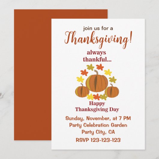 Invitation Thanksgiving Thanksgiving Citrouille Automne Thank (Devant / Derrière)