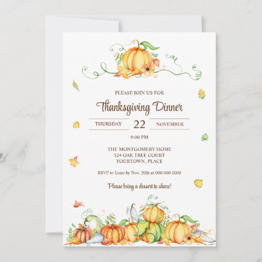 Invitation Thanksgiving Watercolor Citrouille Vines Party (Devant)