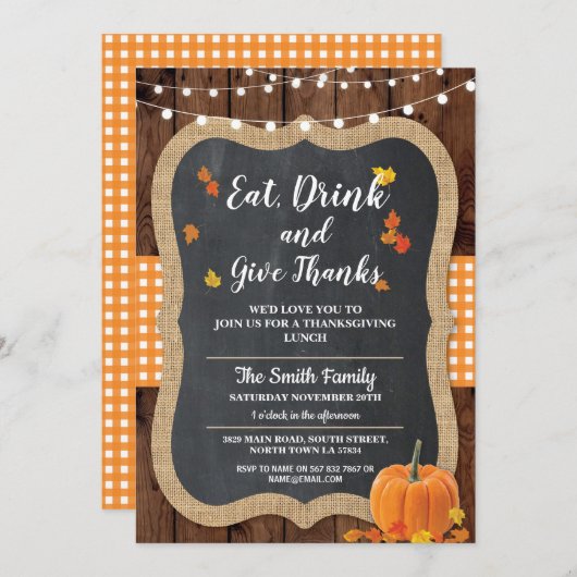 Invitation Thanksgiving Wood Donner Merci Rustic Lights Invit (Devant / Derrière)