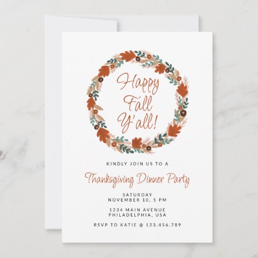 Invitation Thanksgiving Wreath Happy Fall Y’all Dîner (Devant)