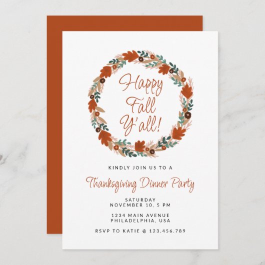 Invitation Thanksgiving Wreath Happy Fall Y’all Dîner (Devant / Derrière)