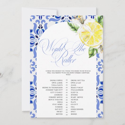 Invitation That's Amore Lemon Italian Blue Tile Bridal Shower (Devant)