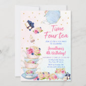 Invitation Thé à la fête rose Temps quatre anniversaire de th (Devant)