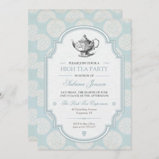Invitation Thé à la haute victorienne bleue (Devant / Derrière)
