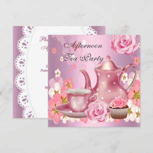 Invitation Thé à la menthe Party Théière Rose Rose Vintage