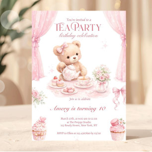 Invitation Thé à la peluche vintage rose florale fête d'anniv