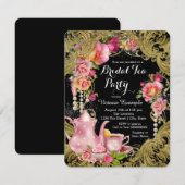 Invitation Thé à la rose noir et or (Devant / Derrière)
