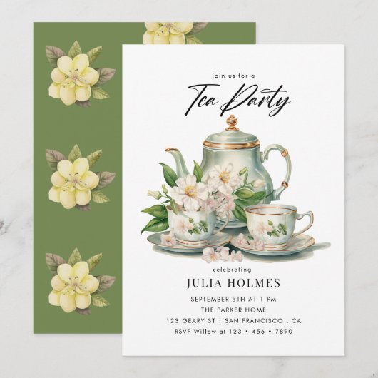 Invitation Thé à la tasse de thé floral aquarelle (Devant / Derrière)