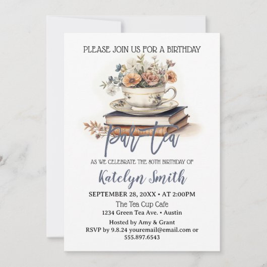 Invitation Thé Anniversaire Par-Tea Dusty Blue Tea Cup Books (Devant)