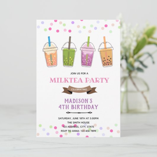 Invitation Thé au lait bubble boba pour fête d'anniversaire d (Debout devant)