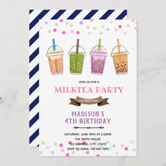 Invitation Thé au lait bubble boba pour fête d'anniversaire d (Devant / Derrière)