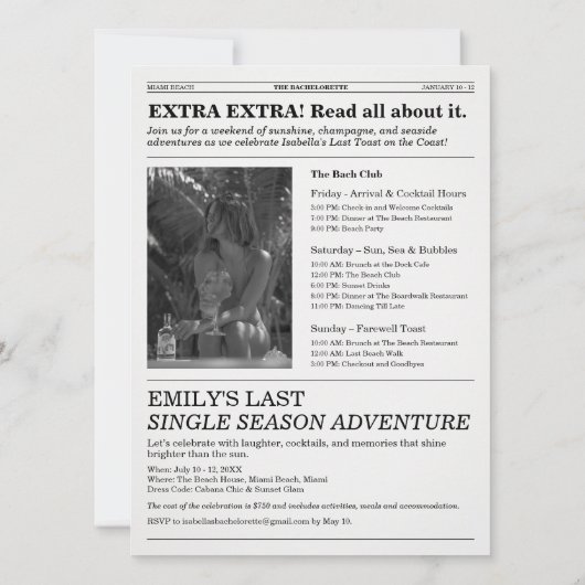 Invitation The Bachelorette Newspaper Last Toast On The Coast (Dos)