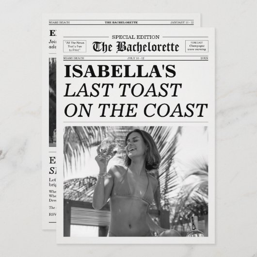 Invitation The Bachelorette Newspaper Last Toast On The Coast (Devant / Derrière)