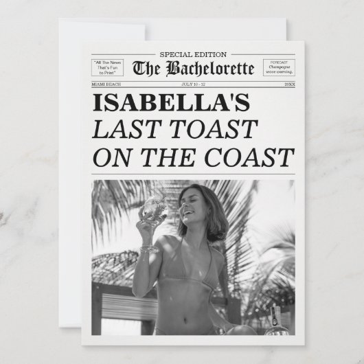 Invitation The Bachelorette Newspaper Last Toast On The Coast (Devant)