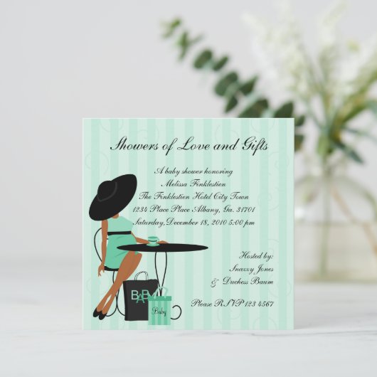 Invitation Thé bébé en vert de mer (Debout devant)