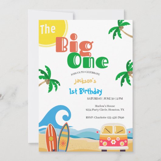 Invitation The Big One Beach Surf 1st Birthday  (Devant)