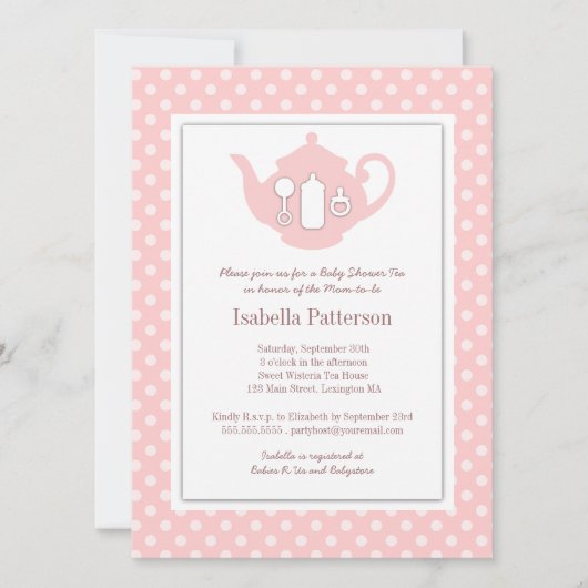 Invitation Thé blanc chic de baby shower de théière du rose | (Devant)
