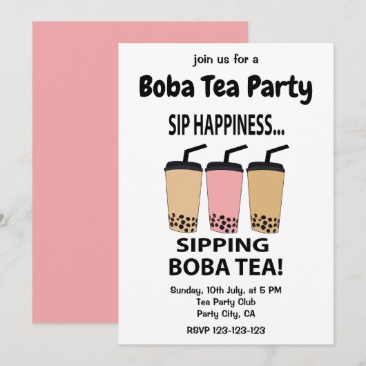Invitation Thé Boba Thé Bubble Tea Party Boba (Devant / Derrière)