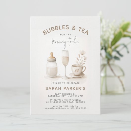 Invitation Thé & Champagne Baby shower neutre (Debout devant)
